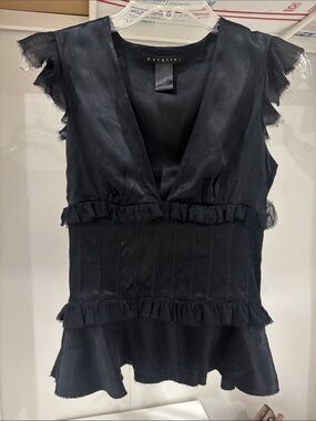 Parallel Black Ruffled V-Neck Silk Blend Blouse